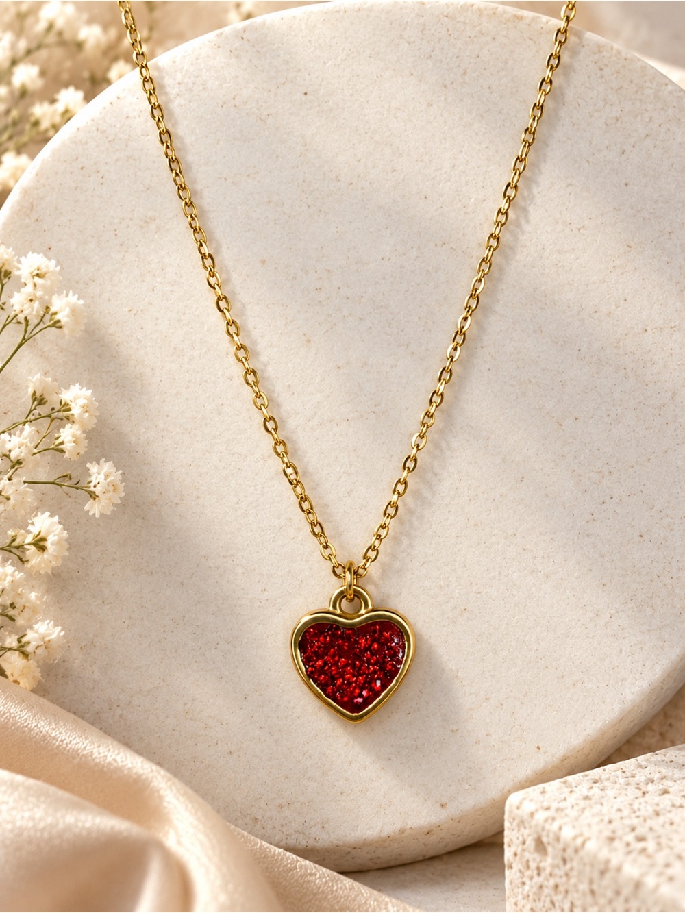 Dainty Gold Tone Red Glitter Heart Pendant Necklace